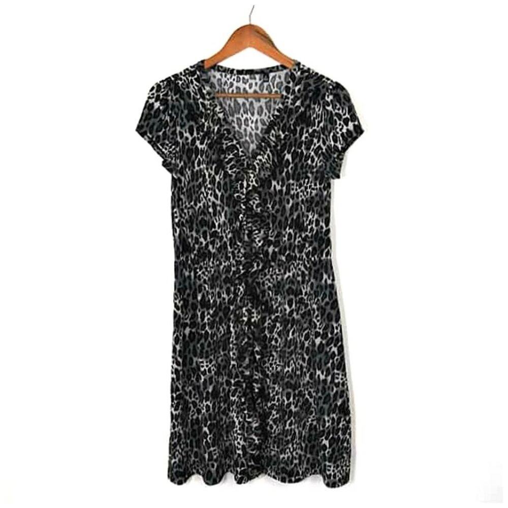 Vintage Black & White Animal Print Ruffle Accent Button Front Dress Sz Medium